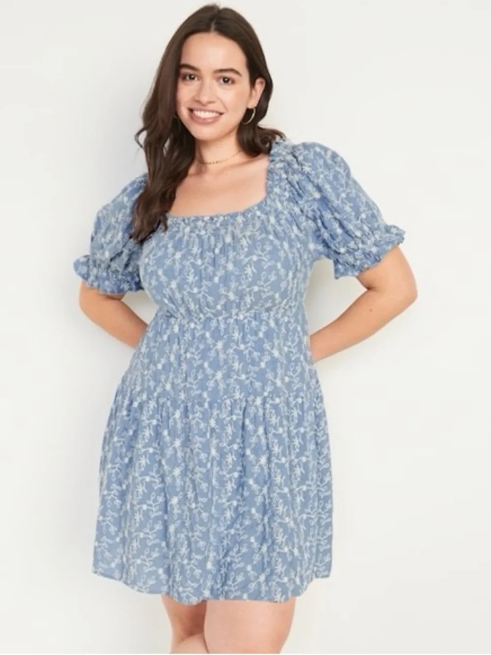Old Navy Light Blue Floral Square-Neck Puff Sleeve Dress Casual Summer Fall
